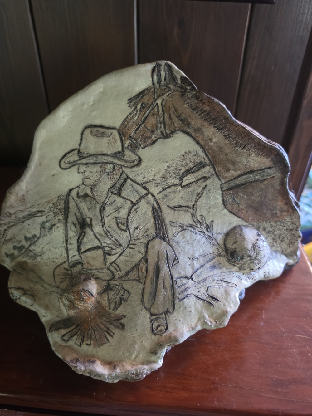 Vintage RARE Carved Tree Conch Western Cowboy